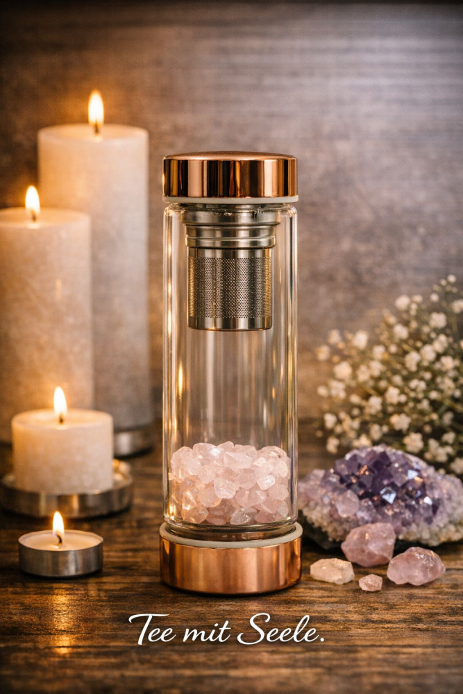 Kristallglas Teeflasche -Roségold- Rosenquarz